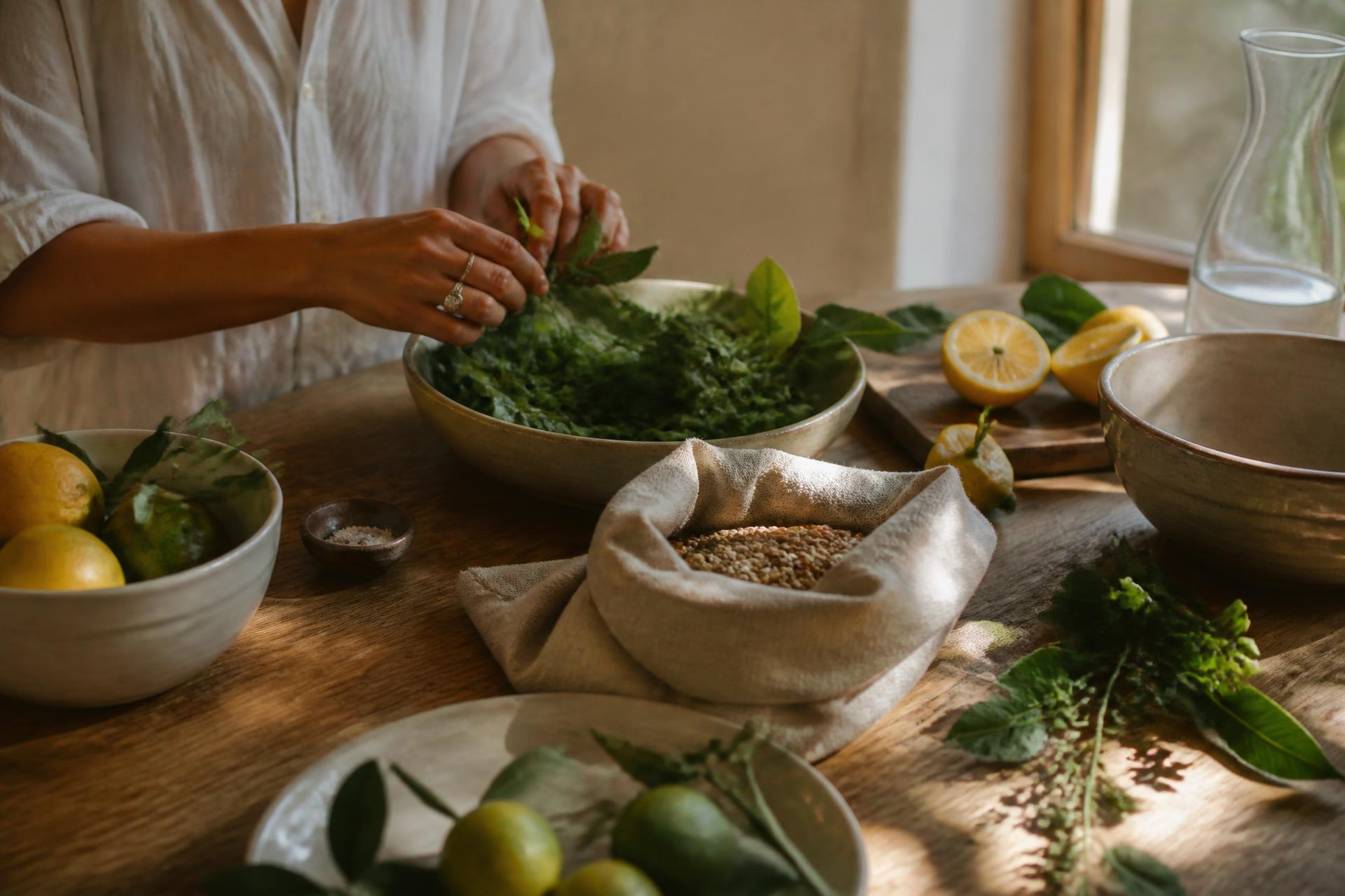 Mesa de madeira com ingredientes frescos e luz natural entrando pela janela