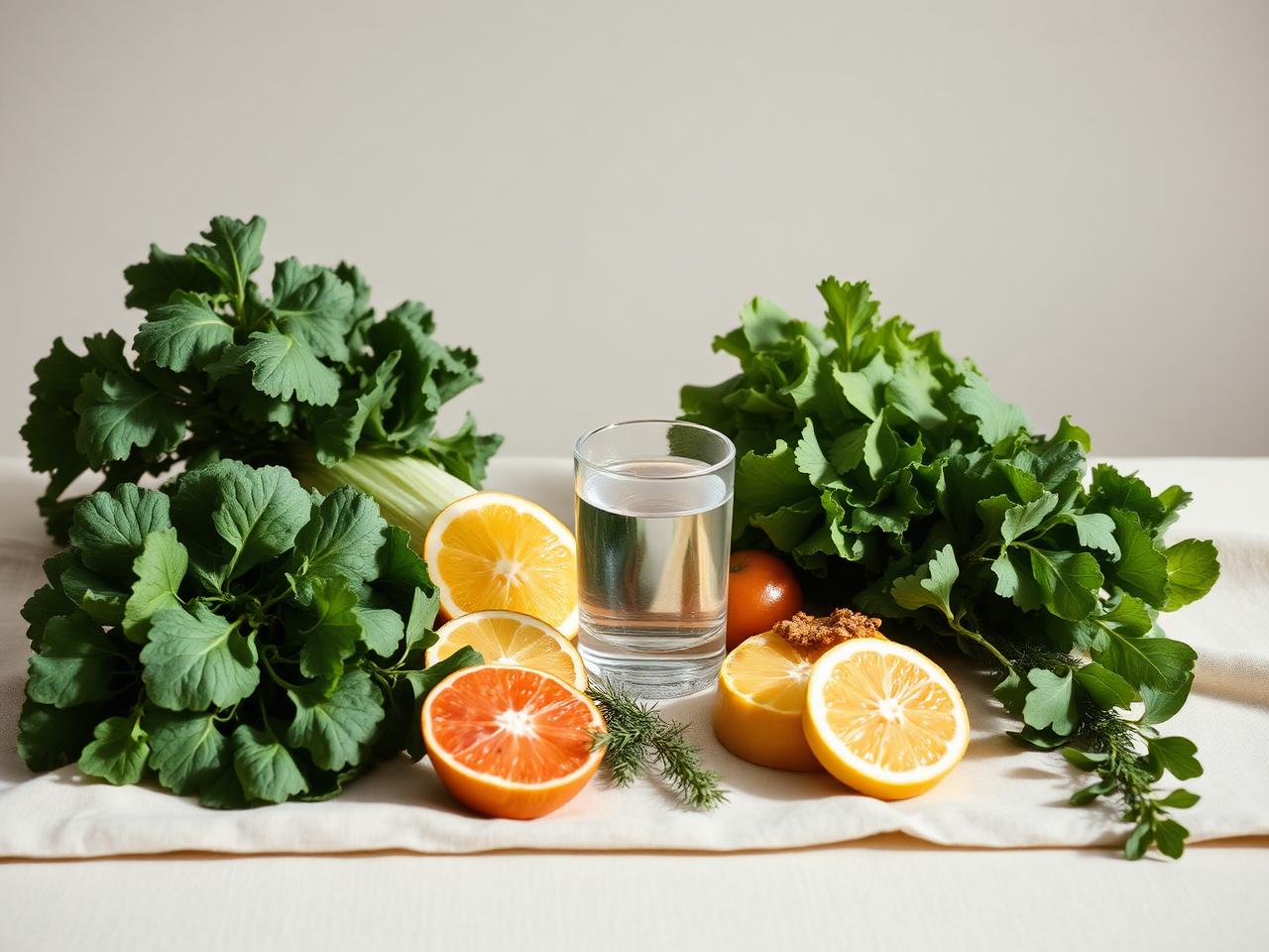 Mesa com alimentos frescos, ervas e água em luz natural